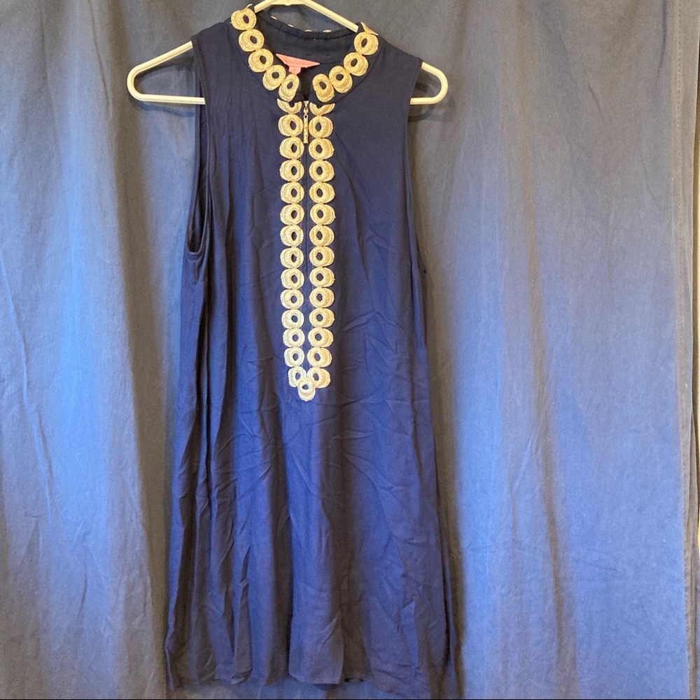 10 Womens Lilly Pulitzer Navy Blue Gold Zipper Cover Up Dress Beach Swim Summer